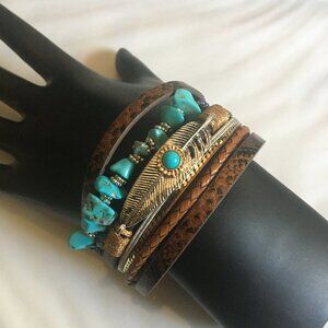 Bohemian Turquoise Silver Leaf Snakeskin Bead Multilayer Wrap Bracelet